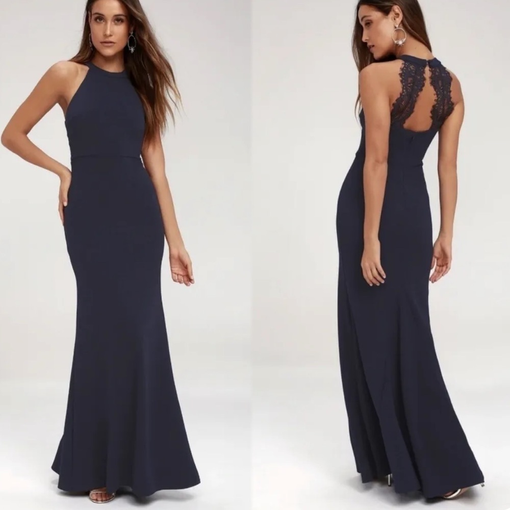 Lulus JOELLA Navy Mermaid Formal Gown Dress Open Back Lace Size Small